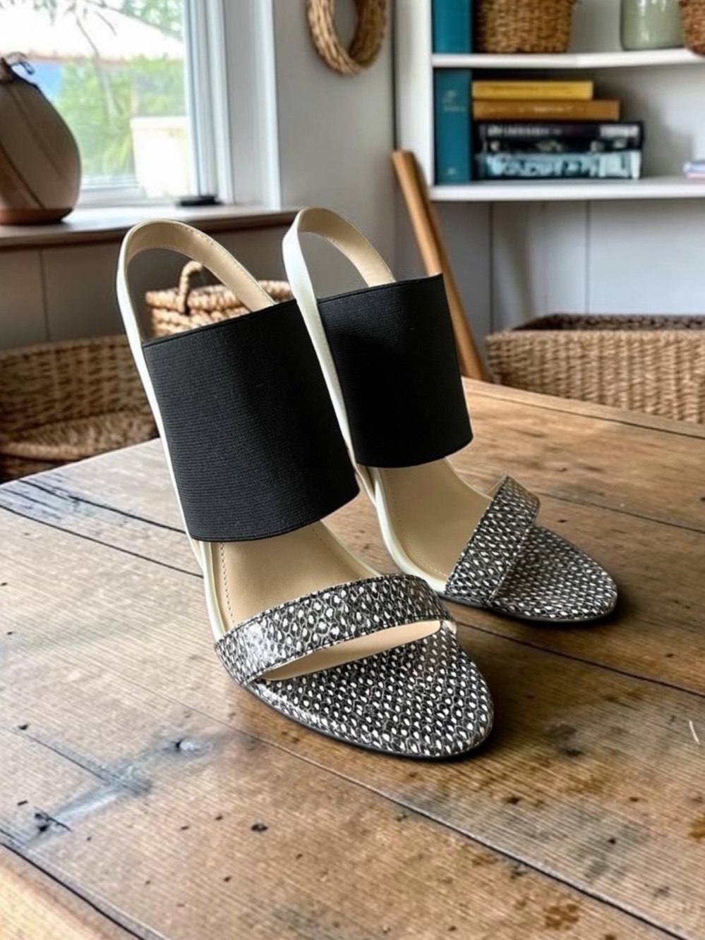 BCBGeneration Black & White Open-Toe Slingback Heels
